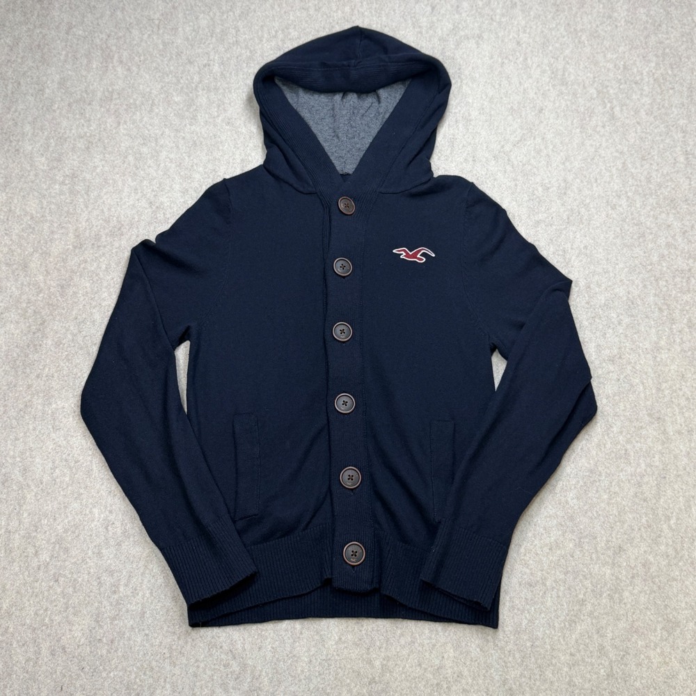 Y2K Hollister Cardigan Hoodie Men M Navy Wool Blend Preppy Coastal Dark Academia